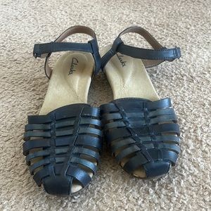 Navy Blue Clarks Closed Toe Wedge Sandals